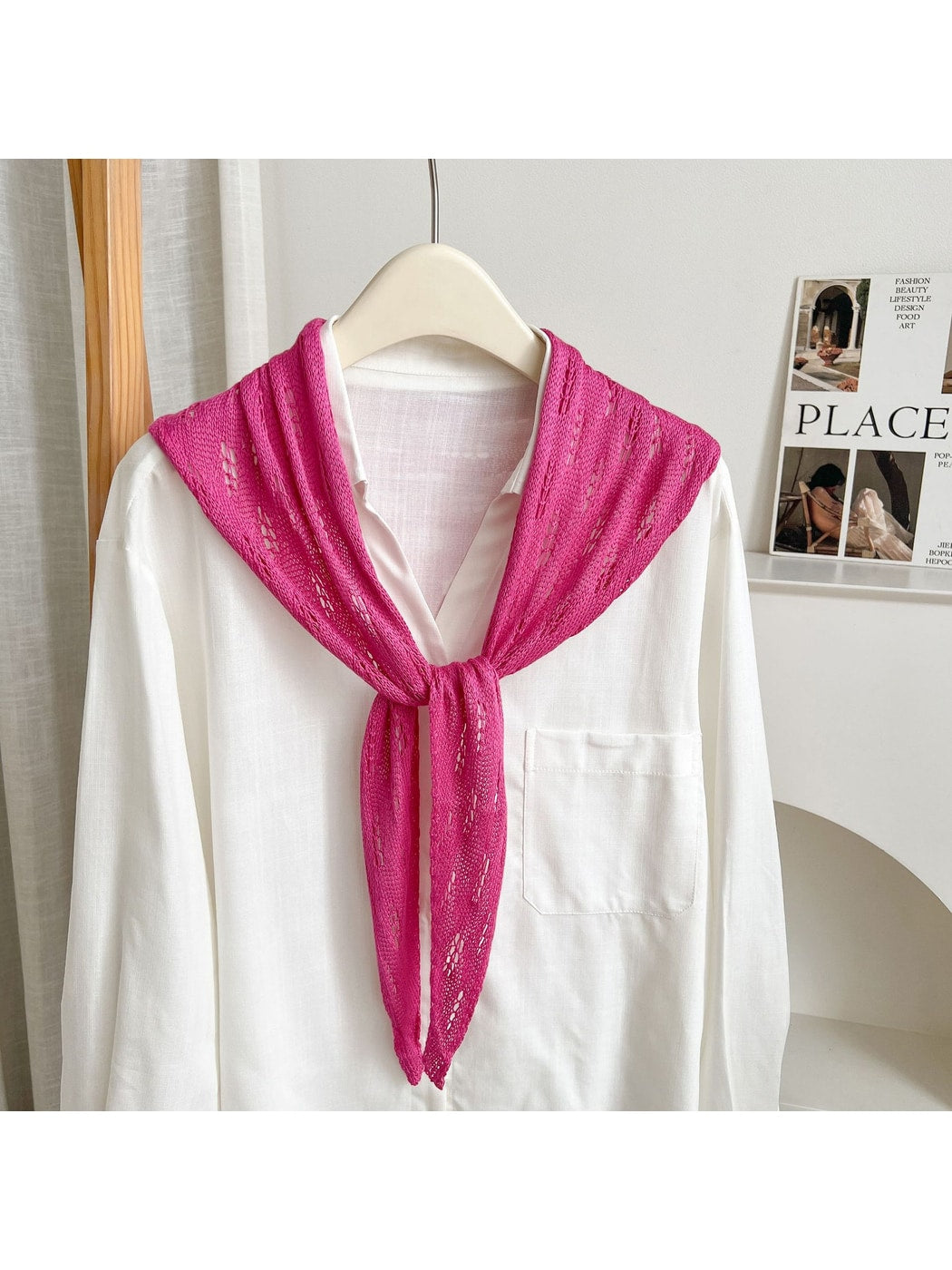 Scarvii - Solid Color Openwork Knit Triangle Scarf