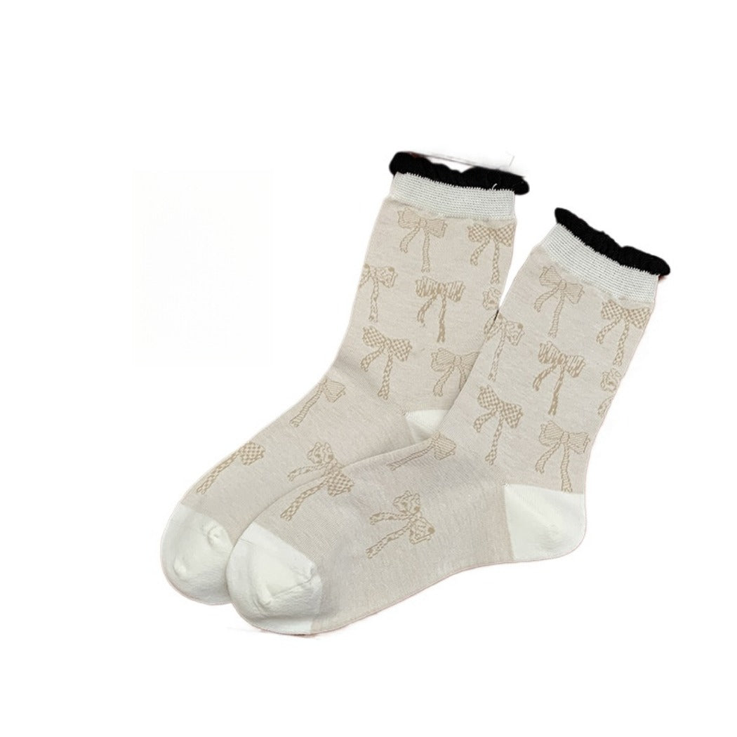 Rufia - Retro Doodle Bow Crew Socks - Sweet & Stylish