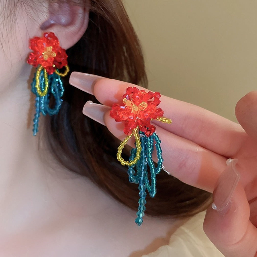 Earwish - Vintage Beaded Flower Fringe Earrings in Red & Blue