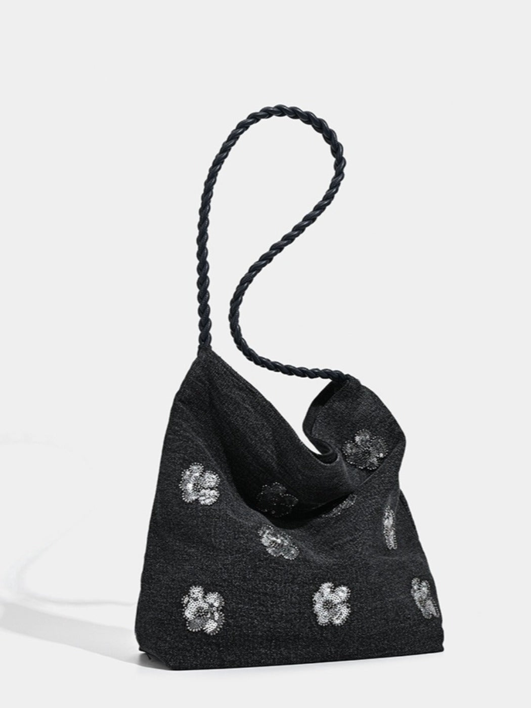 Cosbai - Black Single-shoulder Denim Bag with Sequin Decorations