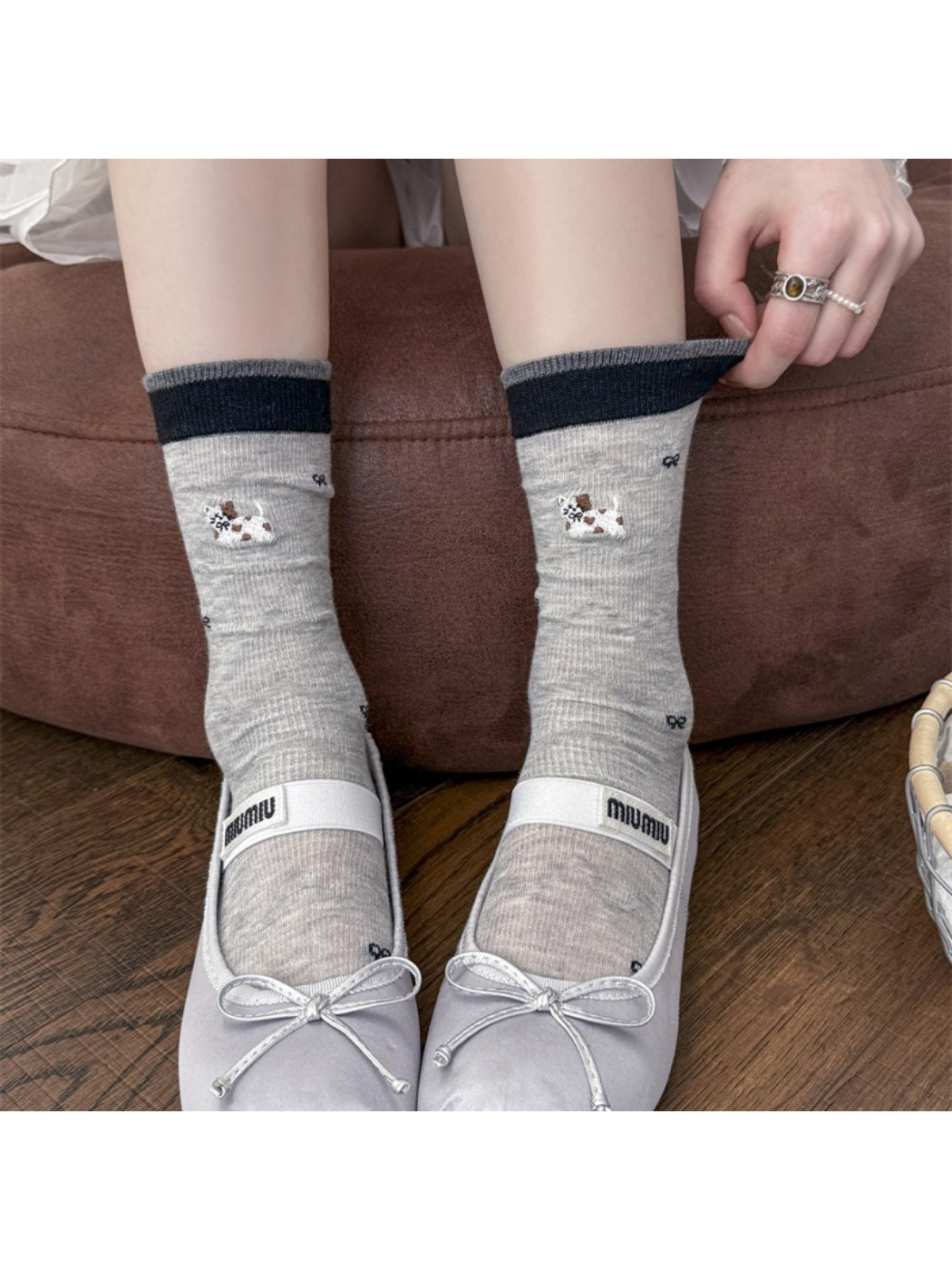 Rufia dog embroidered mesh low cut socks shown from top angle highlighting mesh texture
