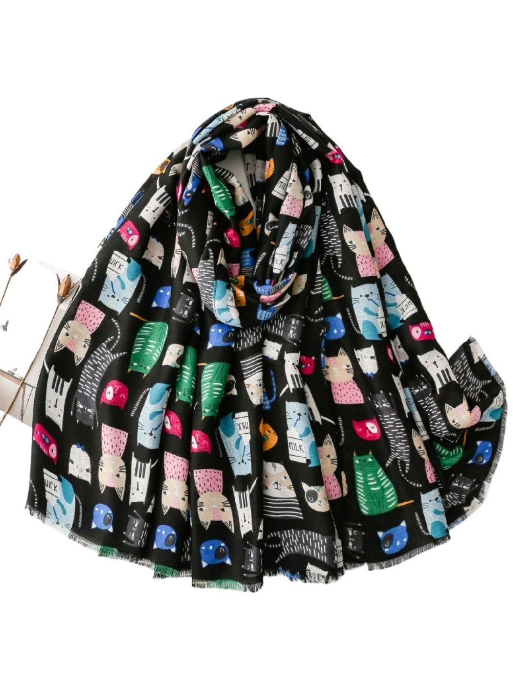 Scarvii colourful cat sketch scarf styled with casual outfit on model