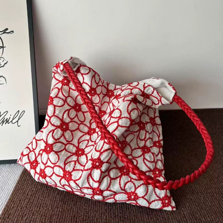 Cosbai - Embroidered Flower Shoulder Tote Bag - Basic & Simple