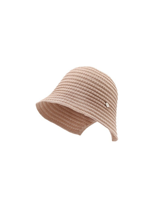 Side view of Haila modern cut edge ribbed bucket hat in beige