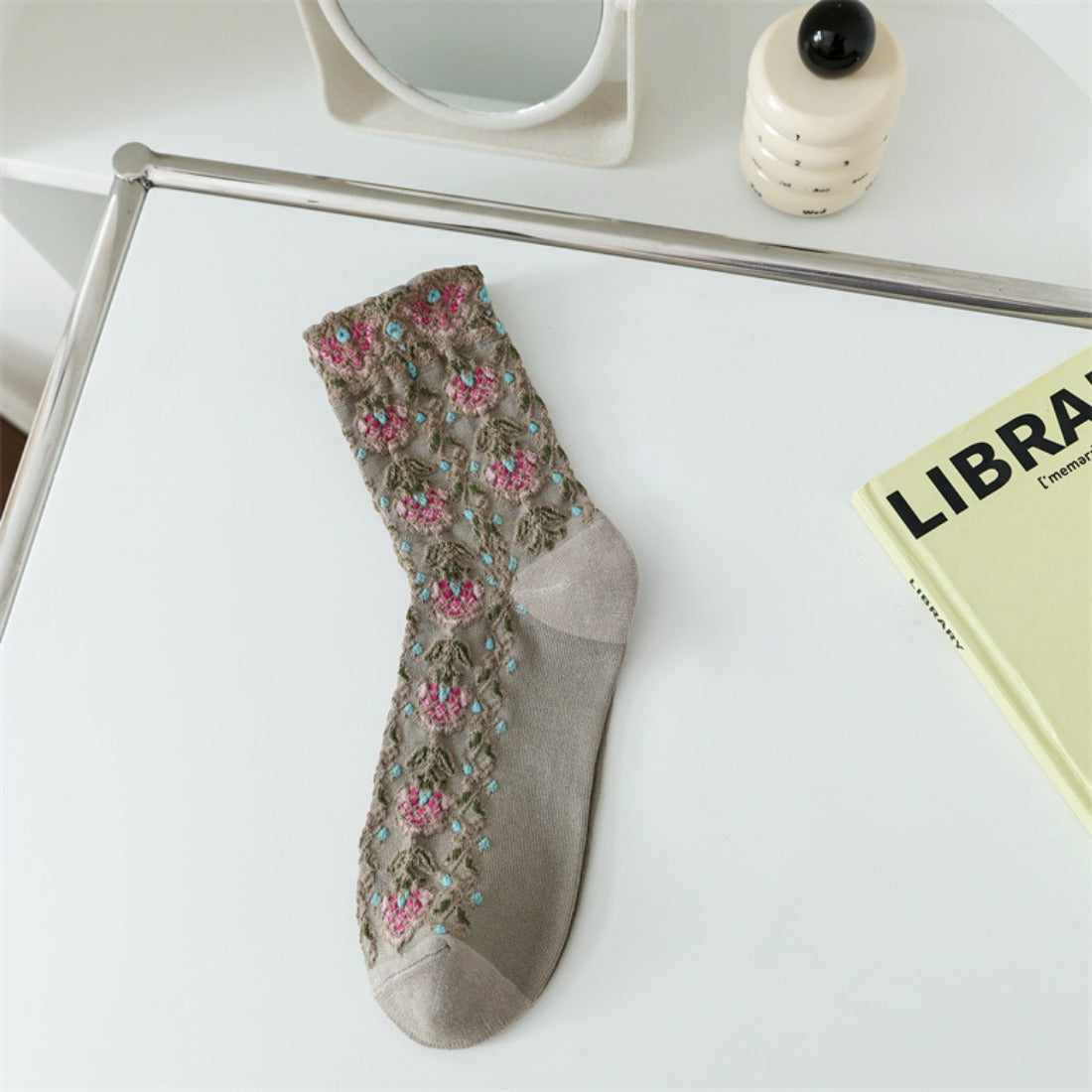 Rufia - Embossed Vintage Floral Mid-Calf Socks