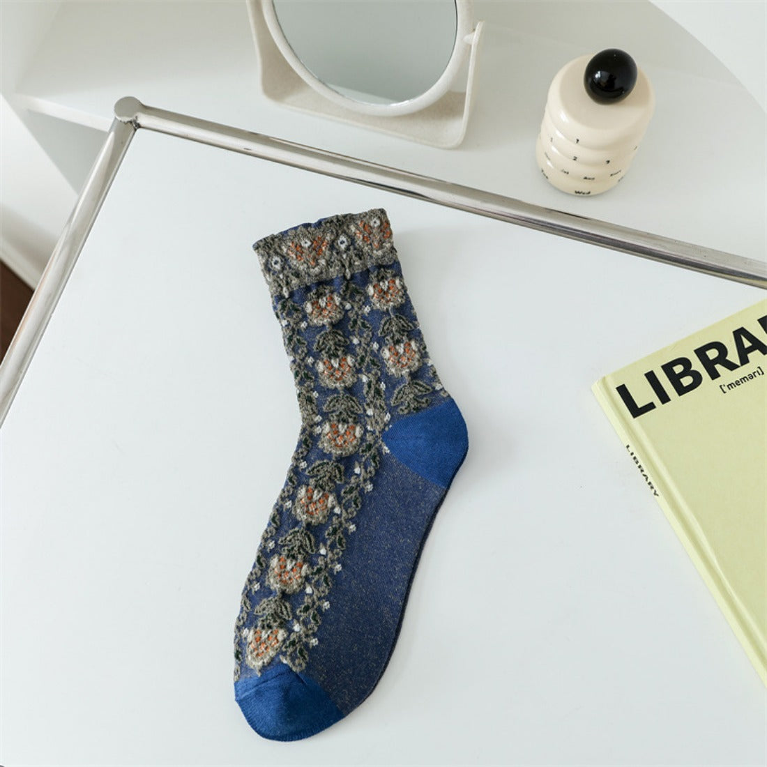 Rufia - Embossed Vintage Floral Mid-Calf Socks