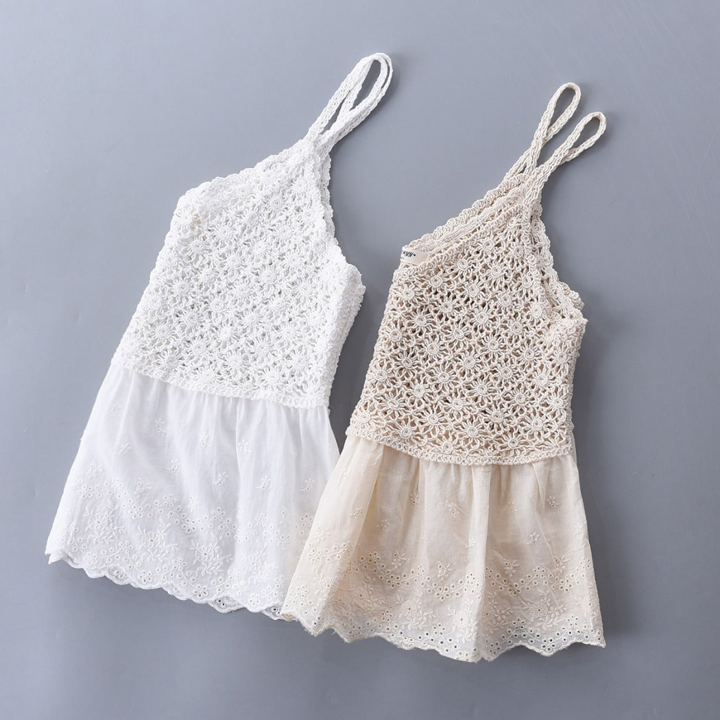 Vesty - Lace-Knit V-Neck Cami Top - White & Beige