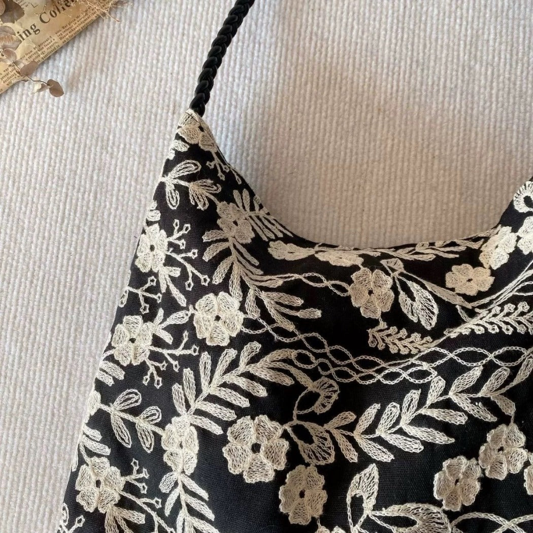 Cosbai - Embroidered Flower Shoulder Tote Bag - Basic & Simple