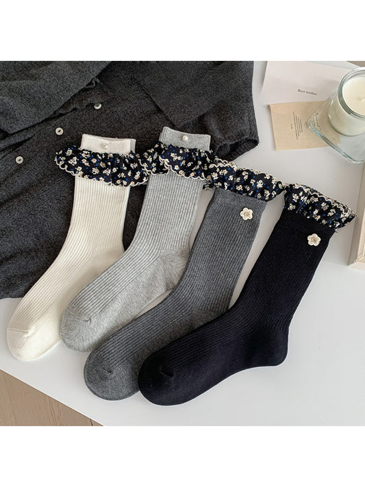Rufia - Ruffled Floral Trim Crew Socks