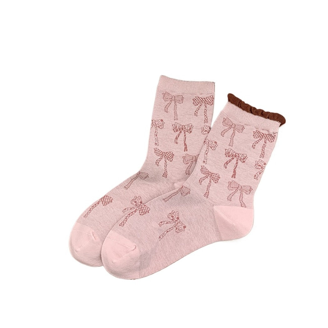 Rufia - Retro Doodle Bow Crew Socks - Sweet & Stylish