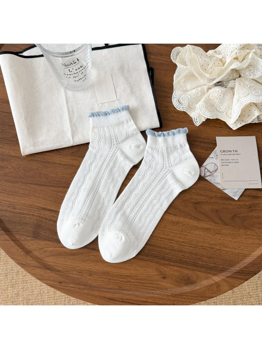 Rufia - White Tones Openwork Ruffle Ankle Socks