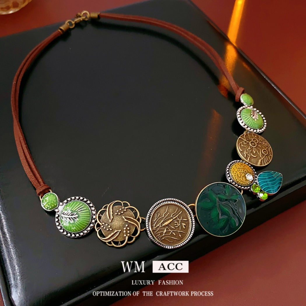 Bauai - Boho Round Bead Necklace with Leaf Charm - Vintage