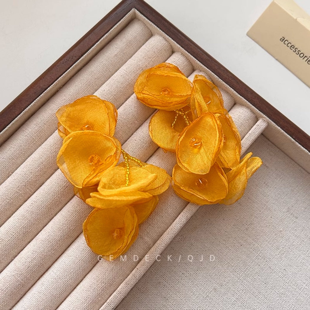 Yellow Sheer Floral Tassel Earrings