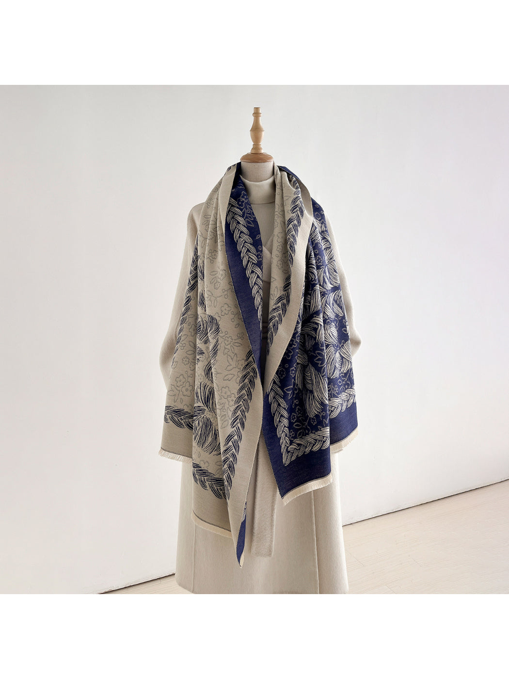 Scarvii - Floral Rope Print Fringe Scarf