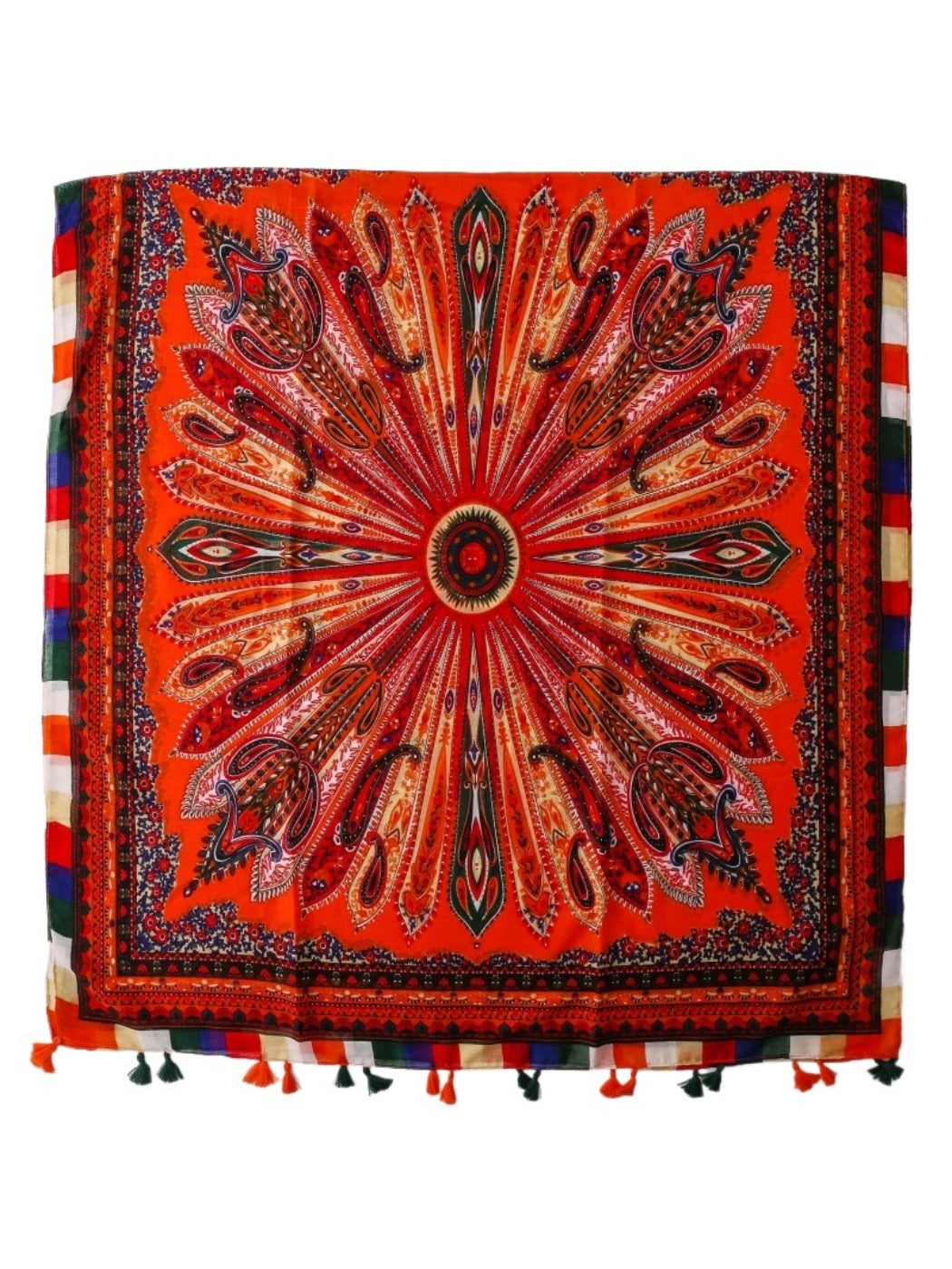 Model wearing the boho paisley tassel scarf styled around the neck