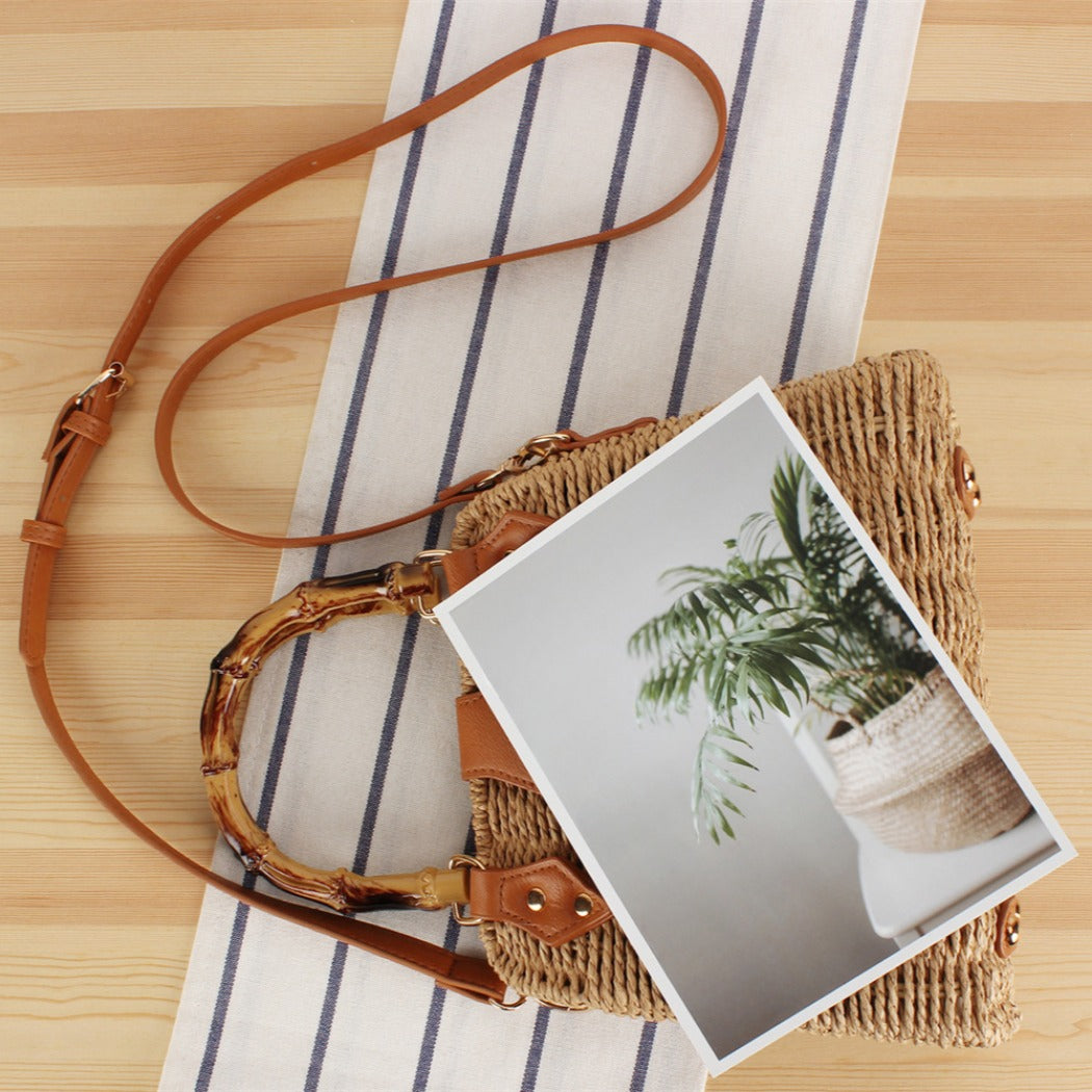 Cosbai - Vintage Woven Bag With Handles And Adjustable Strap