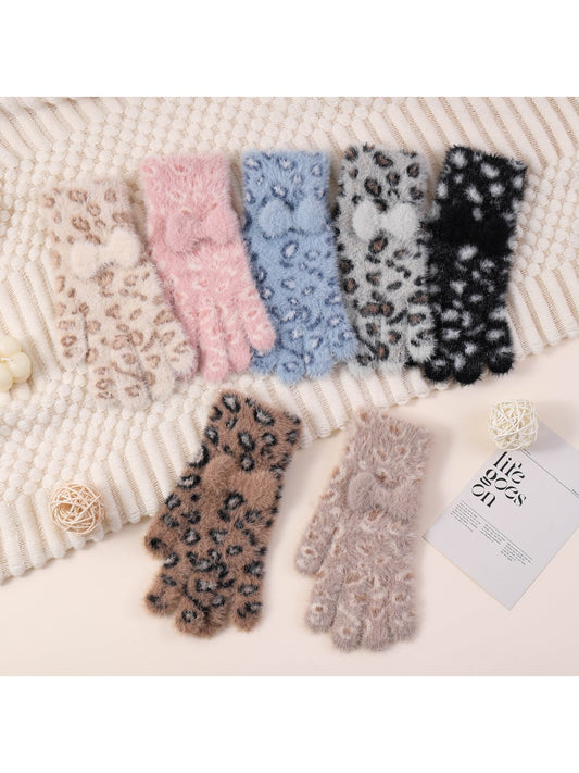 Gloving – Leopard Bow Plush Knit Gloves
