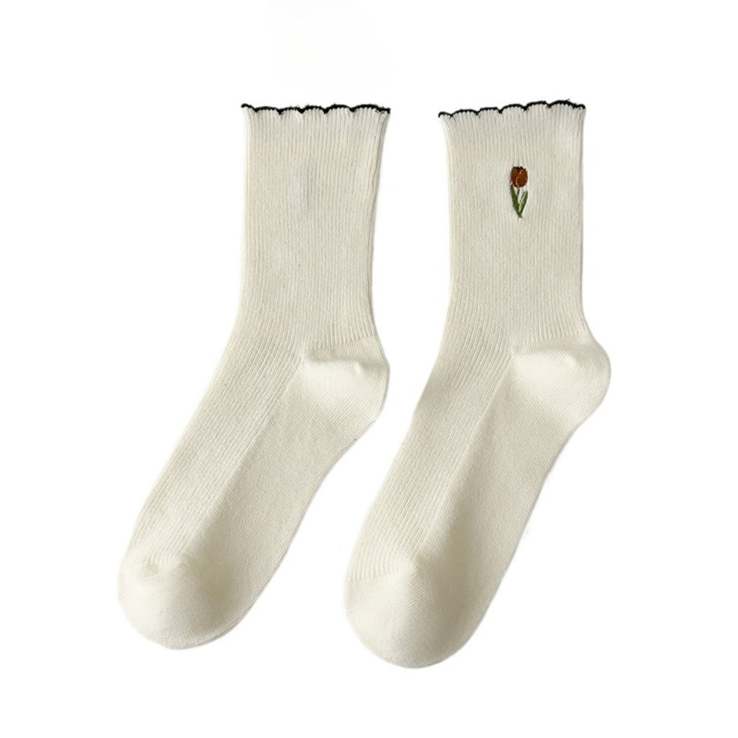 Rufia - Solid-Color Floral Tulip Socks - Sweet & Classic
