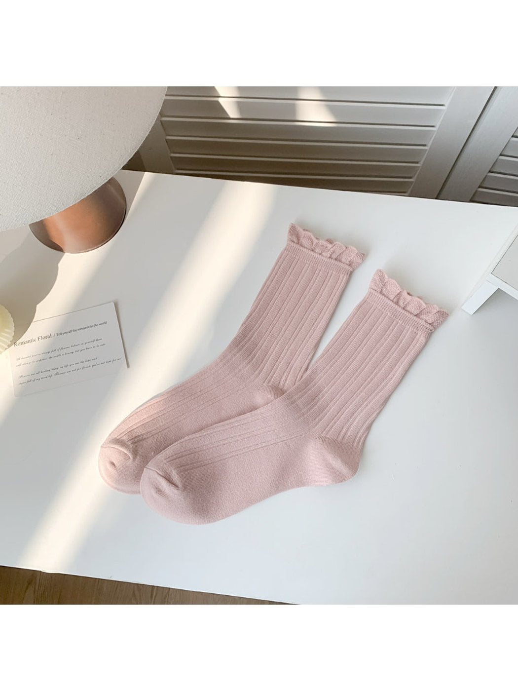 Rufia - Solid Color Ribbed Ruffle Crew Socks