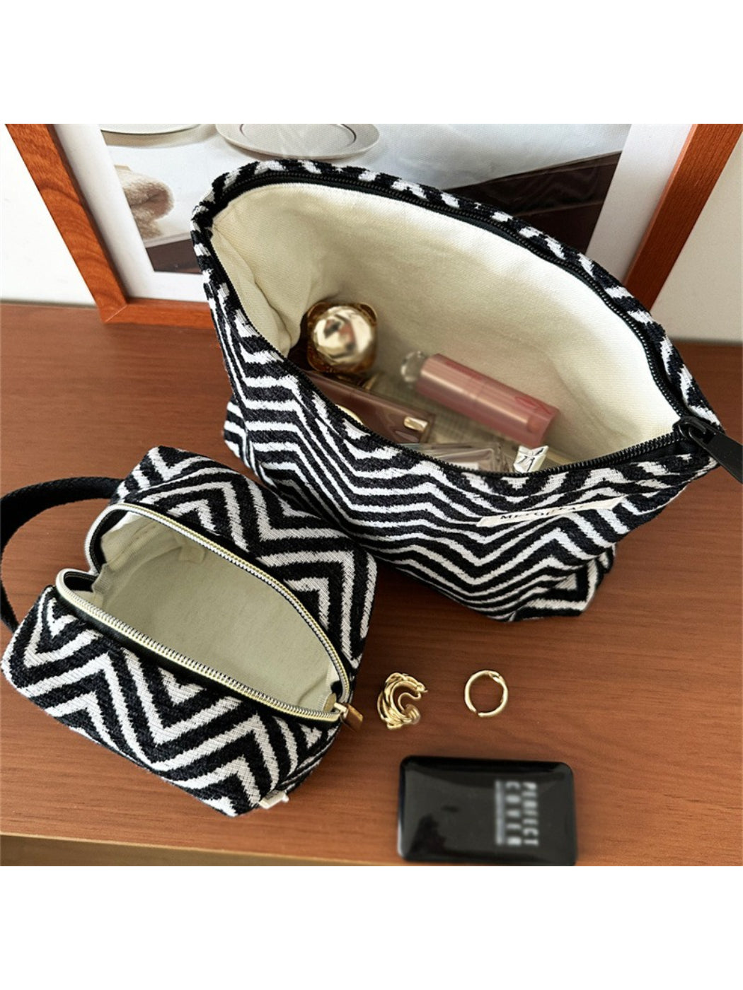 Cosbai Zigzag Print Zip Pouch photographed from above showing the entire pouch