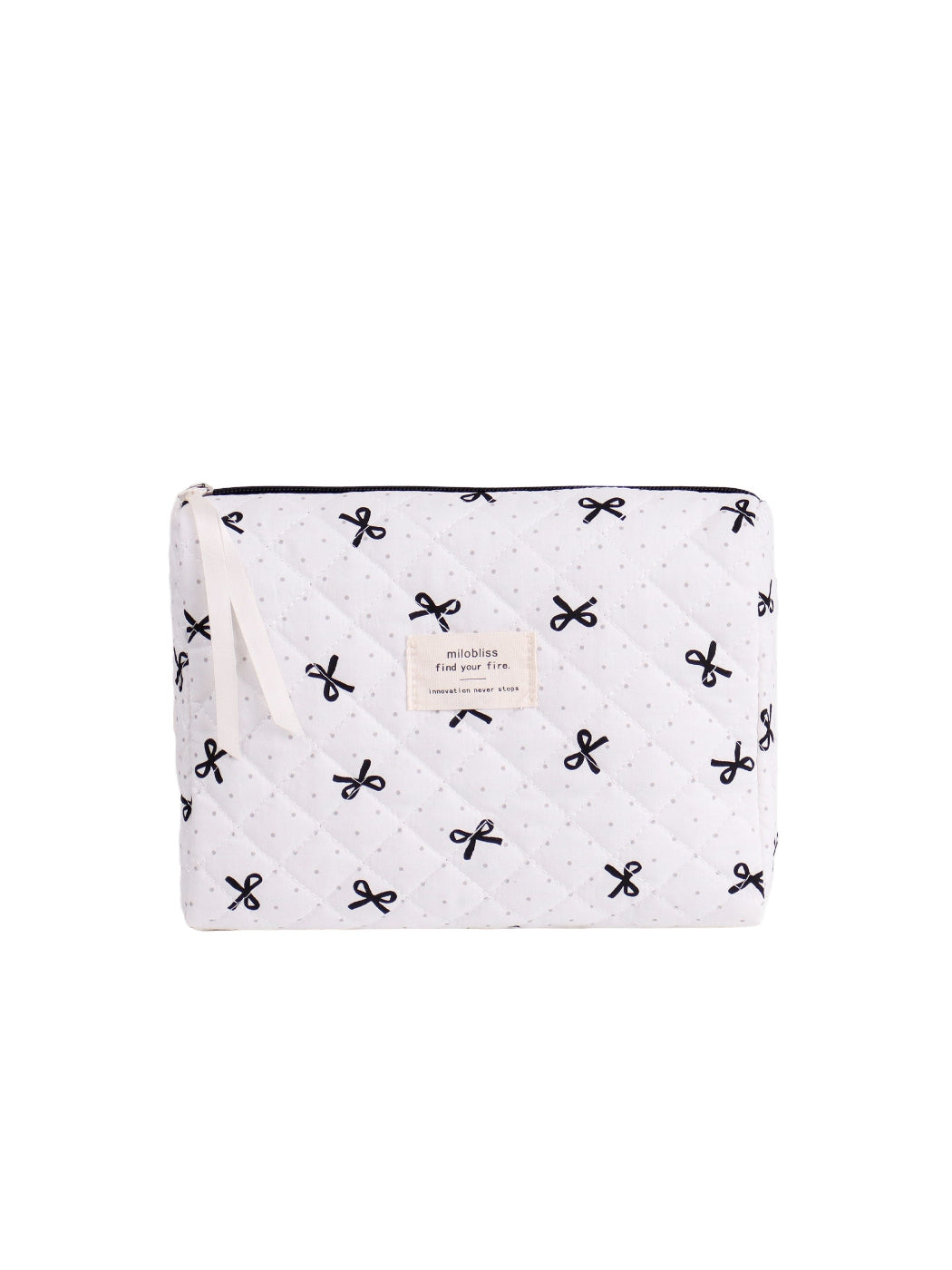 Close-up of Cosbai quilted cosmetic pouch featuring bow print design