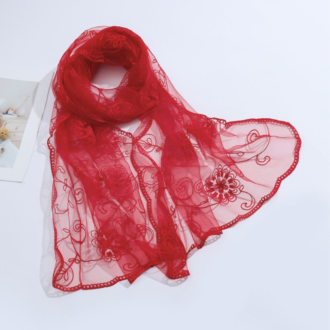 Scarvii sheer floral mesh scarf paired with casual outfit on model
