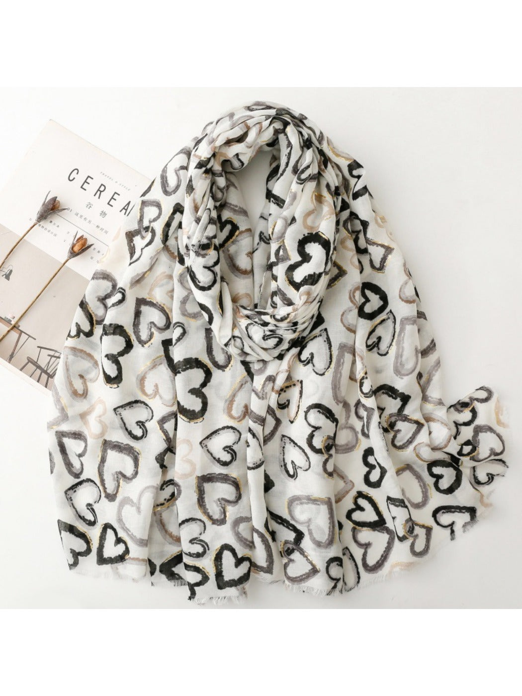 Scarvii - Elegant Heart Print Long Scarf - Thin & Playful