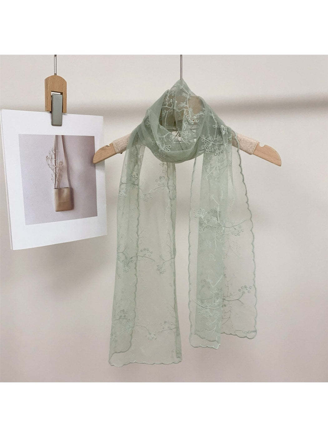 Scarvii - Floral Embroidered Solid Lace Long Scarf