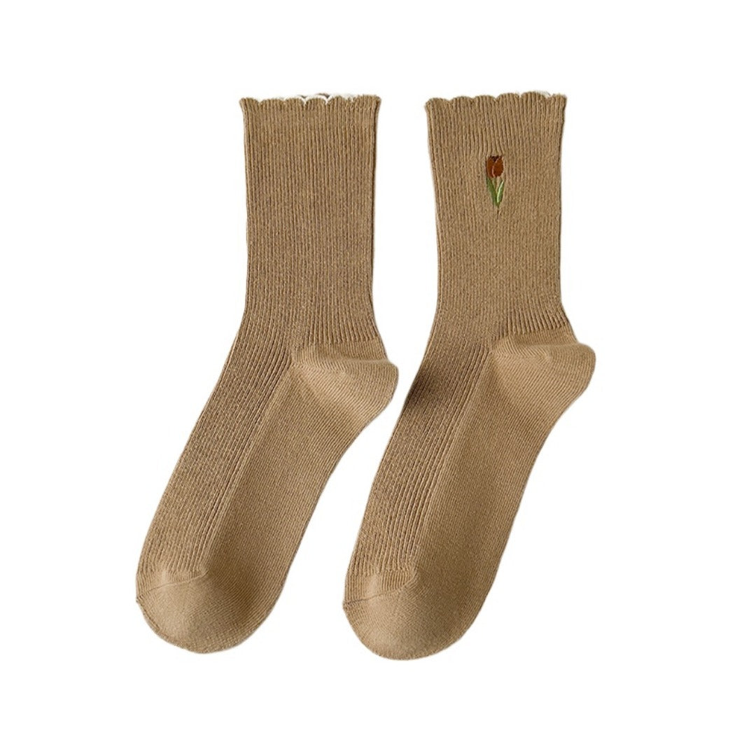 Rufia - Solid-Color Floral Tulip Socks - Sweet & Classic