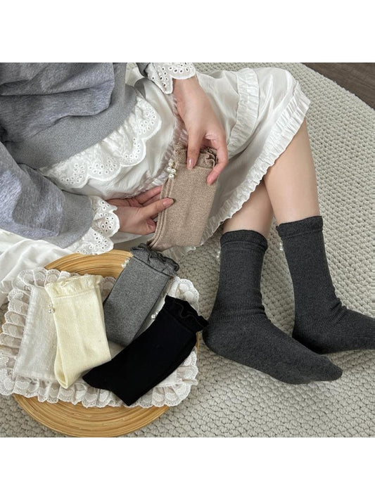Rufia - Beaded Decorate Solid Color Crew Socks