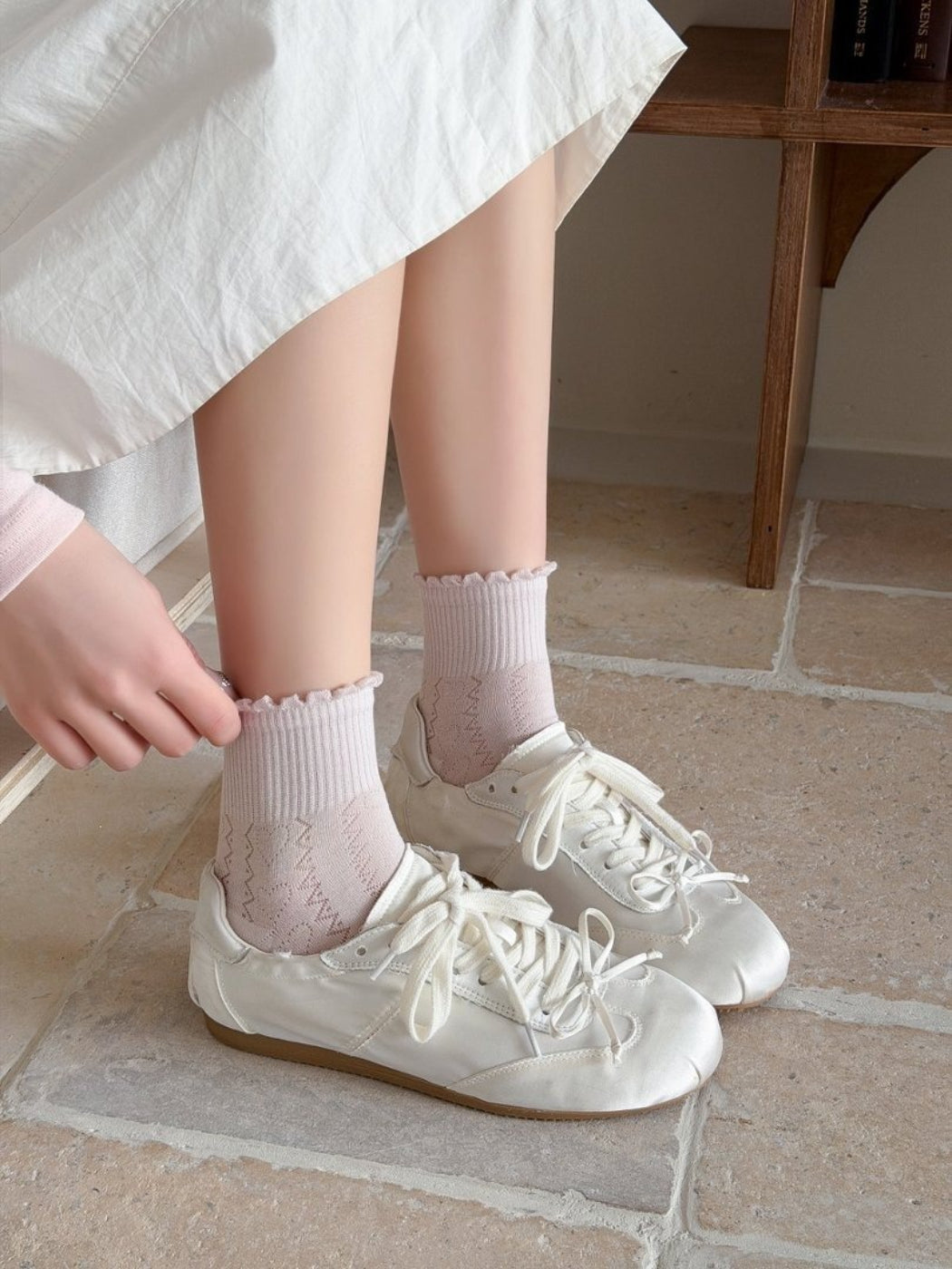 Rufia mesh stripe dot no show socks shown from top angle