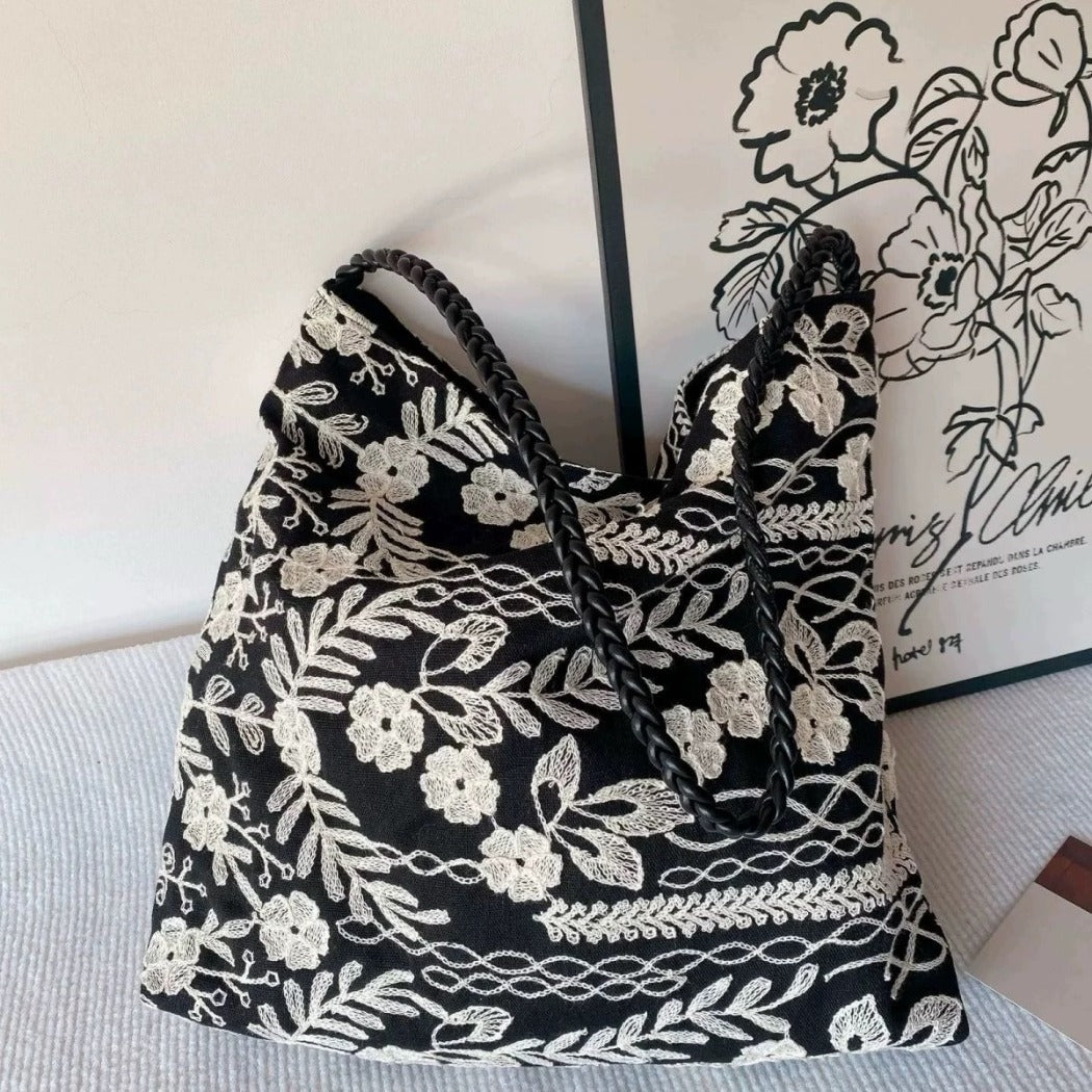Cosbai - Embroidered Flower Shoulder Tote Bag - Basic & Simple