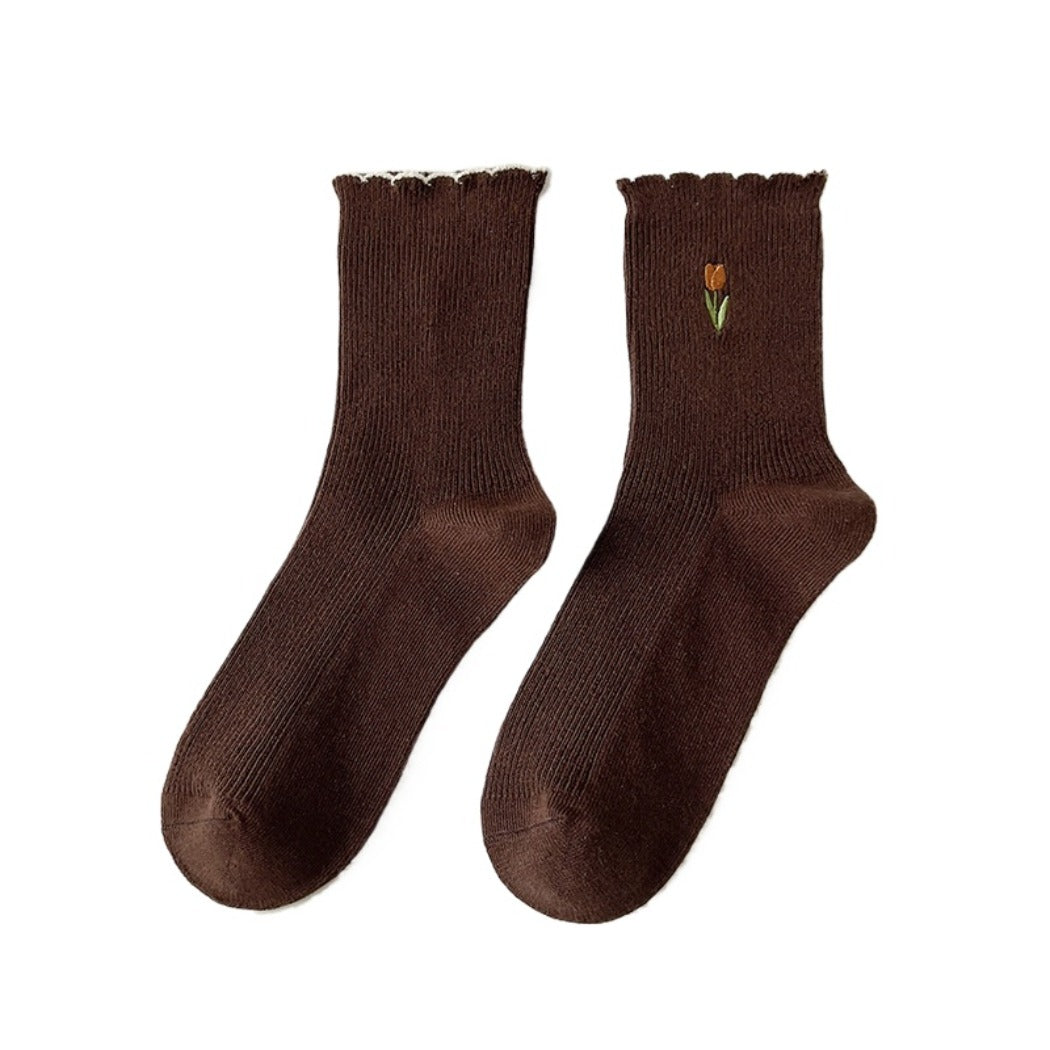 Rufia - Solid-Color Floral Tulip Socks - Sweet & Classic