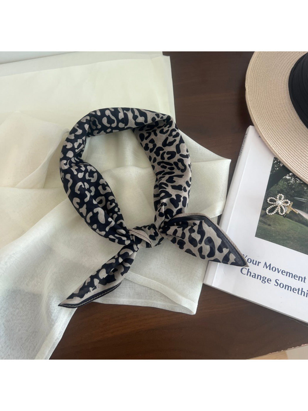 Scarvii Leopard Print Accent Square Scarf