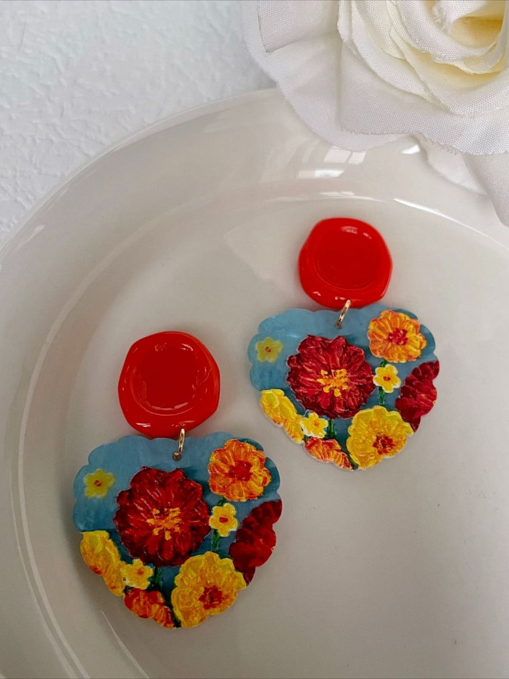 Earwish - Vintage Orange and Red Flower Earrings