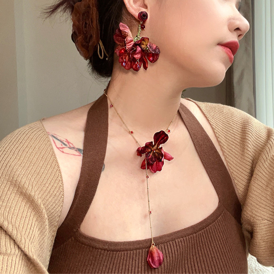 Red Sheer Floral Tassel Earrings