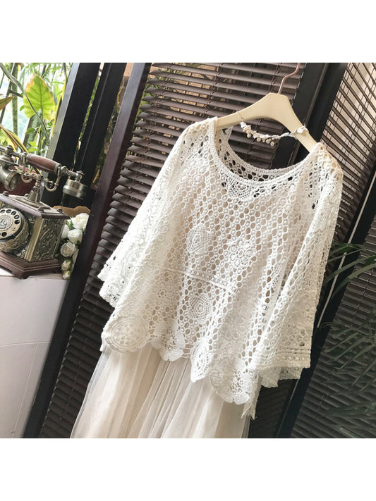 Crosa - Floral Hollow Out Long Sleeve Cover Up