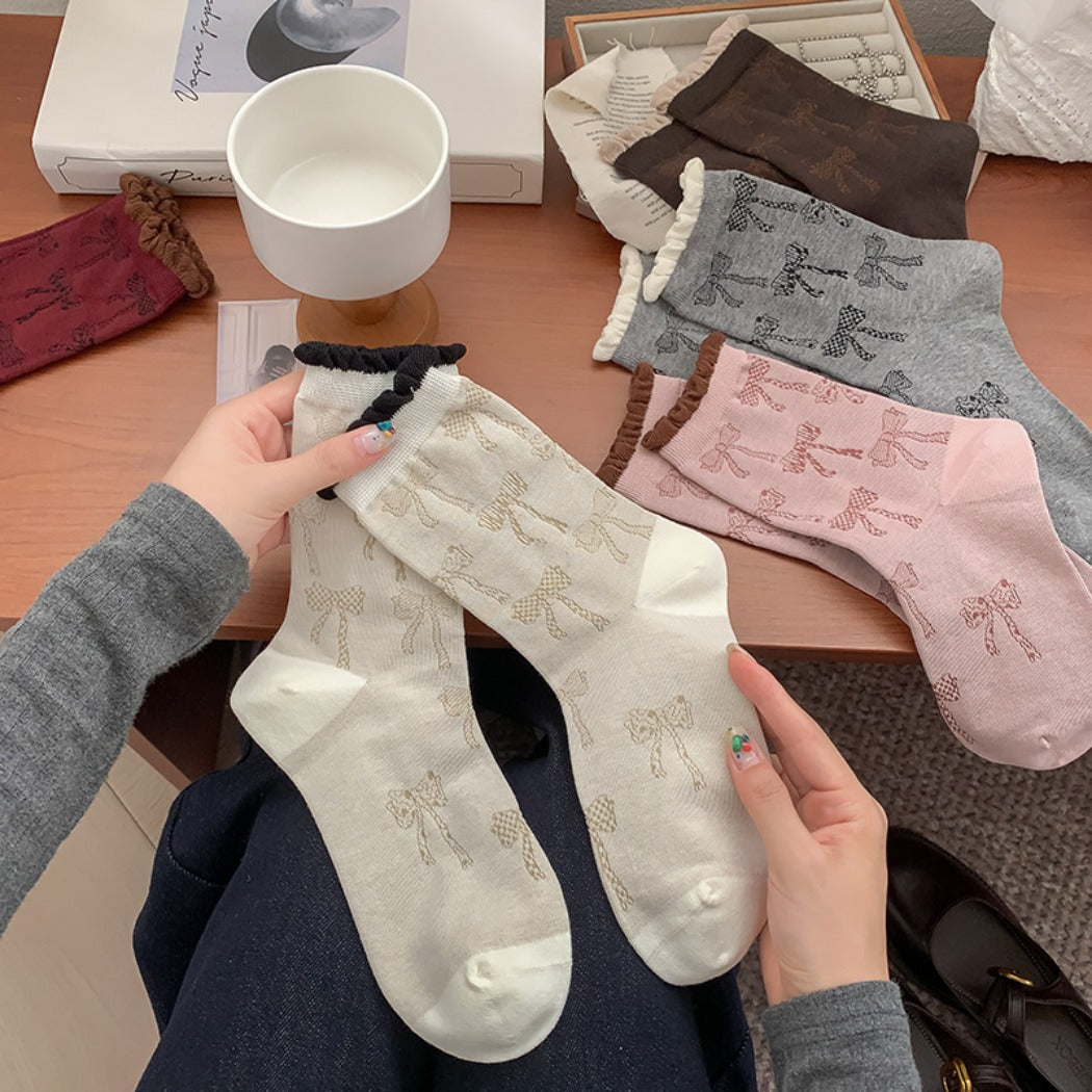 Rufia - Retro Doodle Bow Crew Socks - Sweet & Stylish