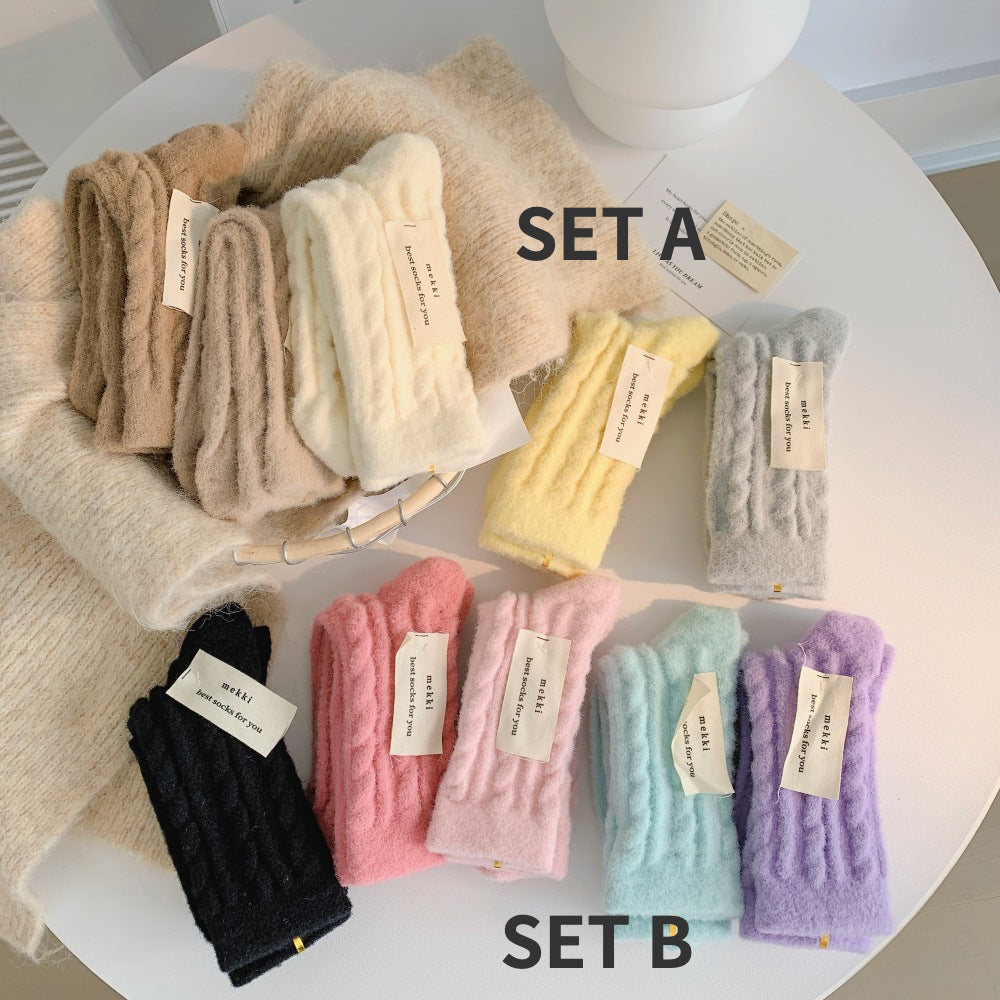 Rufia - 5 Pairs Solid Color Plush Socks