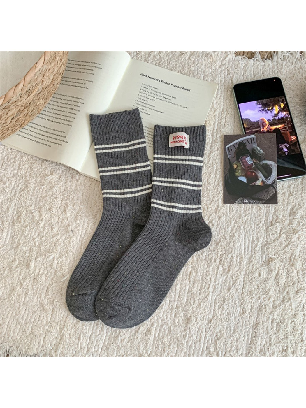 Rufia - Ribbed Stripe and Bow Detail Crew Socks product image 8