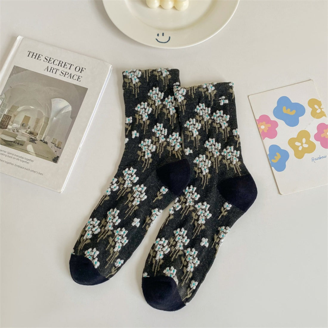Rufia - Embossed Floral Colorblock Mid-Calf Socks