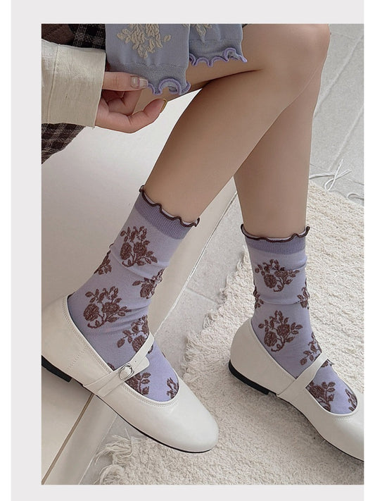 Rufia - Vintage Floral Jacquard Lettuce-Edge Socks