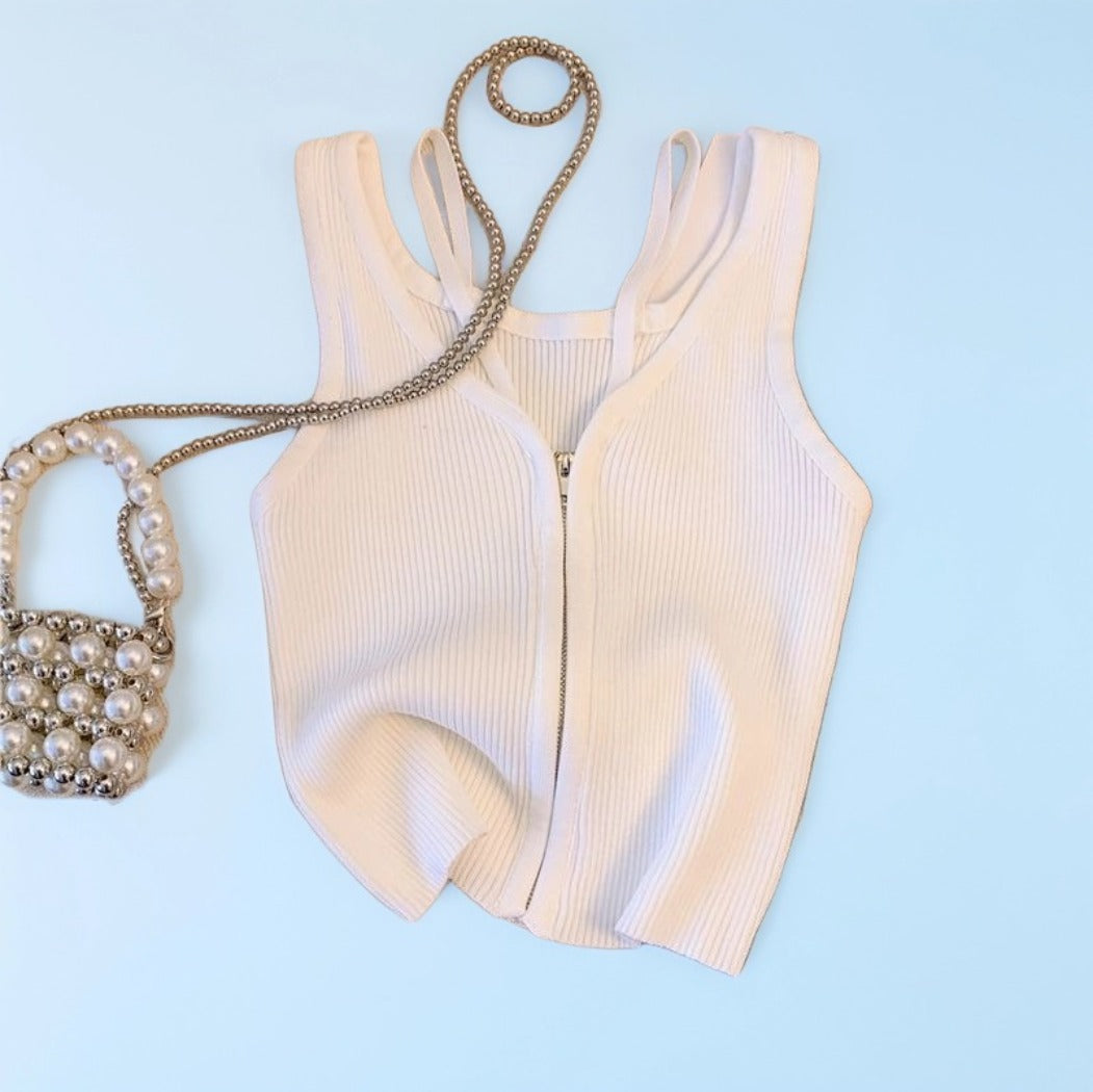 Vesty - Striped Zip-Up Sleeveless Top