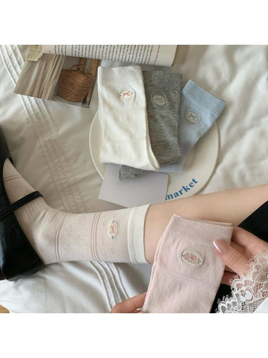 Rufia - Bow Embroidered Solid Color Crew Socks