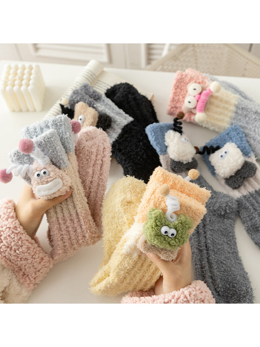 Rufia - Winter Coral Fleece Mid-Calf Socks with 3D Cartoon Accent