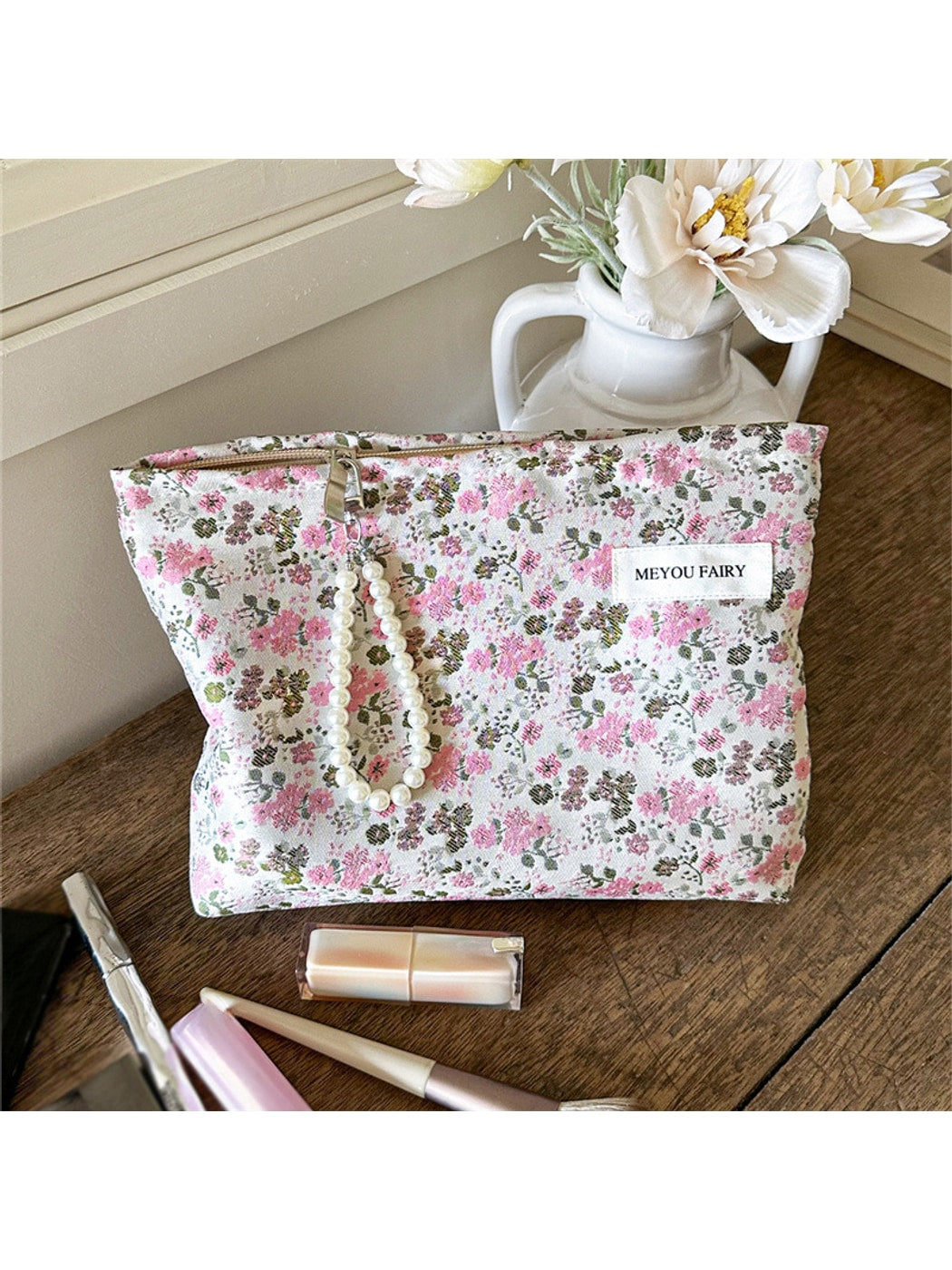Cosbai - Floral Print Zipper Cosmetic Organizer Bag