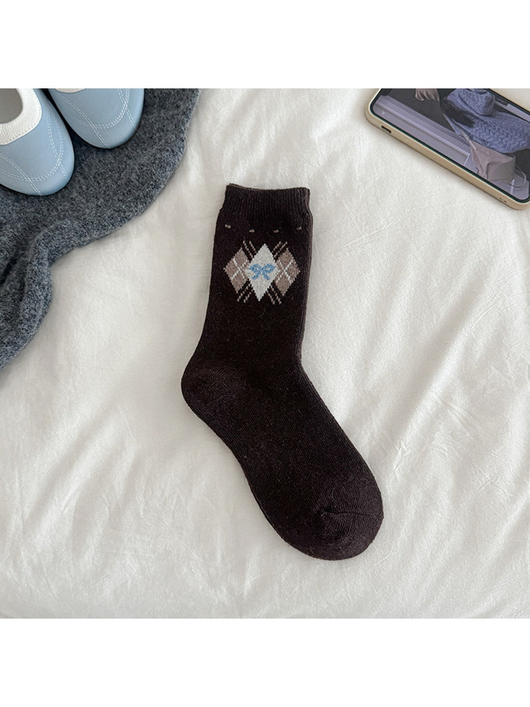 Rufia - Preppy Argyle Bow Pattern Crew Socks
