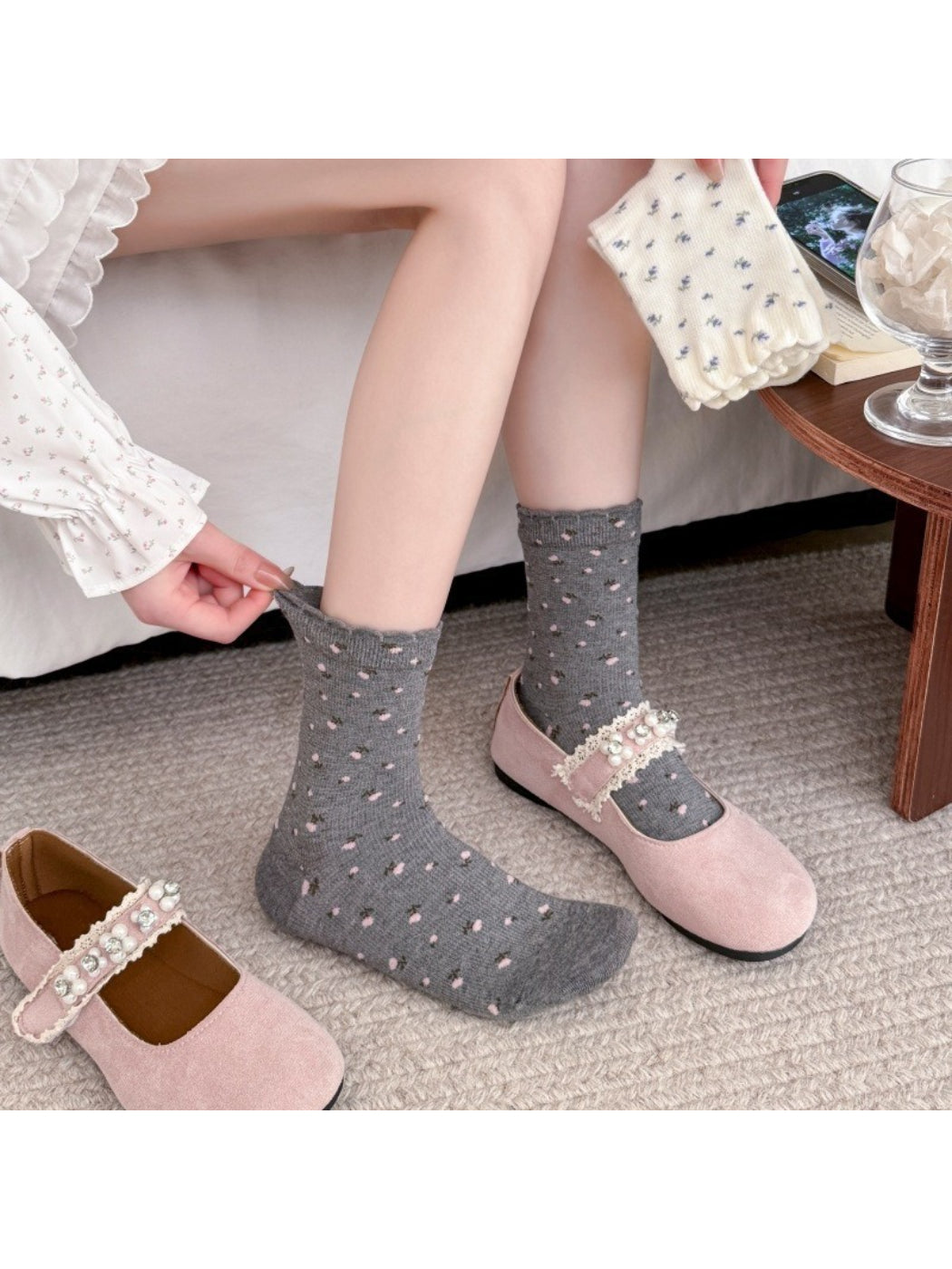 Rufia Tiny Blossom crew socks styled with casual shoes highlighting frill edge detail