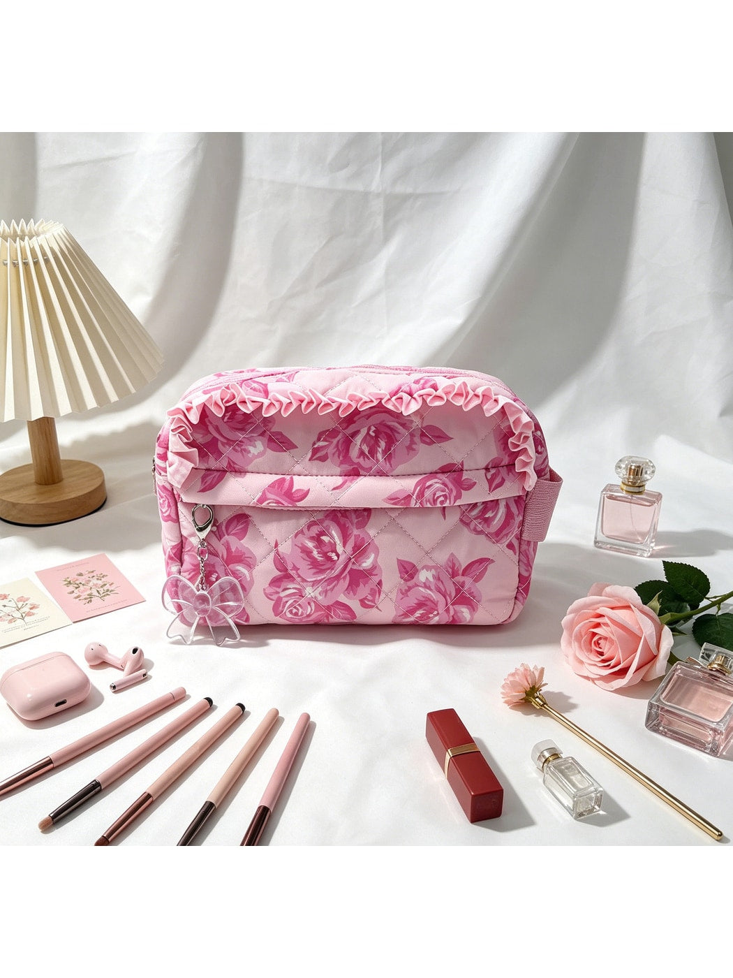 Cosbai - Ruffle Trim Floral Cosmetic Organizer Bag