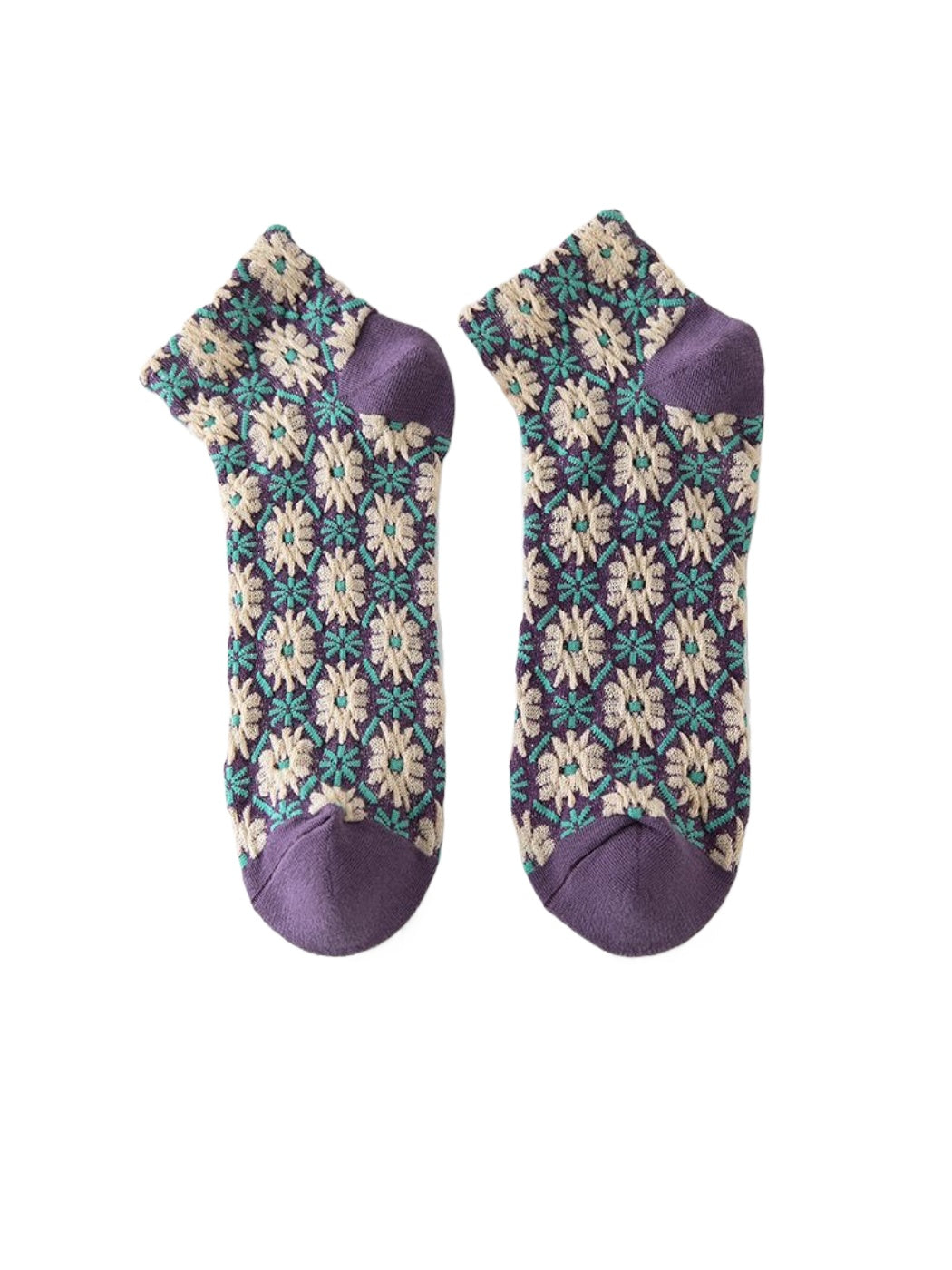 Rufia soft knit flower ankle socks paired with a spring outfit on model
